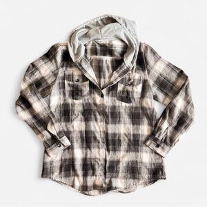 BomDeals Men's Plaid Flannel Hooded Shirt Jacket - Black & White - Size L